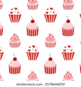 Seamless pattern with pink cupcakes decorated with cherries and hearts on a white background. Perfect for Valentine's Day, bakery designs, and romantic themed projects.