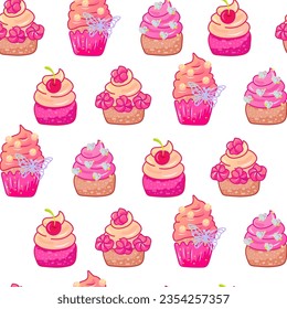 Seamless pattern and pink cupcakes with diamonds, marshmallows, cherry and butterfly. Pink aesthetic. Vector illustration.