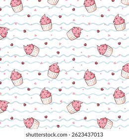 Seamless pattern with pink cupcakes and hearts isolated on white background. Kids party decor. Wrapping paper, textile decor. Shower party decor.