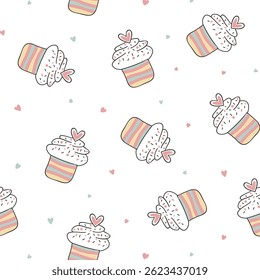 Seamless pattern with pink cupcakes and hearts isolated on white background. Kids party decor. Wrapping paper, textile decor. Shower party decor.