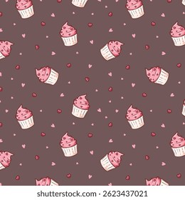 Seamless pattern with pink cupcakes and hearts isolated on white background. Kids party decor. Wrapping paper, textile decor. Shower party decor.