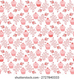 Padrão contínuo de bolinhos cor-de-rosa. Dia dos Namorados. cupcakes rosa e ramos de plantas. Ramos gelados. Sobremesa rosa pastel. Padrão com vestimentas festivas para tecidos e papel de embrulho. Feriados populares. Decoração de inverno com delicadeza inter. Ilustração vetorial
