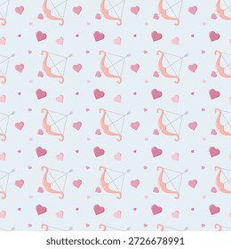 Padrão contínuo de arcos e corações de cupido rosa no fundo azul pastel. Ideal para projetos românticos e namorados