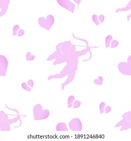Seamless pattern with pink cupids and hearts. Cute Cupid shoots a bow at a broken heart. Background for Valentine's Day.