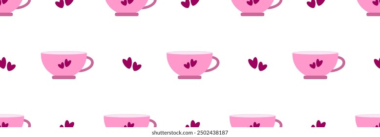 Modelo inconsútil con las tazas y los corazones rosados en el fondo blanco. Para la tela, embalaje, papel, fondo, cubierta. Diseño plano. Gráficos de Vector 