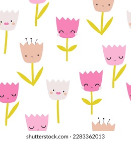 Seamless pattern with pink cute tulips. Childish floral print. Vector hand drawn illustration.