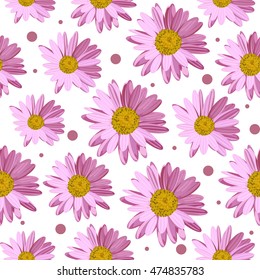 Seamless pattern with pink daisies and circles on white background. Vector illustration.
