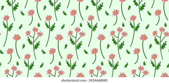 Seamless pattern with pink daisies in retro groovy style. Vector, abstract background with cartoon plants.