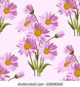 Seamless pattern with pink daisies. Vector illustration.