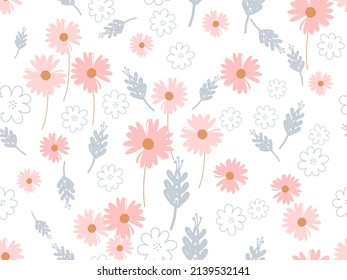 Seamless pattern with pink daisy flower, branches  on white background. Cute spring field vector illustration.