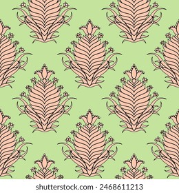 Seamless pattern with pink Damask motifs on a green background. Abstract floral repeat background. Vintage plant wallpaper