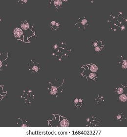 Seamless pattern with pink dandelions and flying seeds in circular layout. Vector illustration. Isolated from grey background.