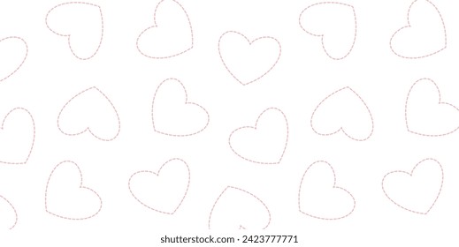 Seamless pattern with pink dashed line hearts. Cute Valentine's Day pattern for packaging, background, card, banner. Simple background with hearts.