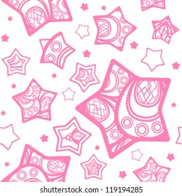 Seamless pattern with pink decorated stars. Vector background.