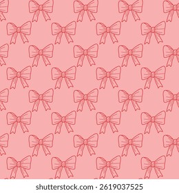 Seamless Pattern of Pink Decorative Bows on a Light Background. A visually pleasing design featuring a repetitive pattern of pink bows on a pastel surface, exuding elegance, femininity, and charm. 