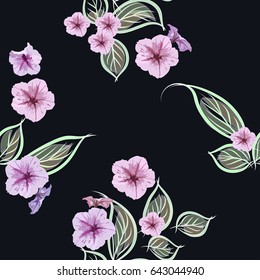 Seamless pattern pink decorative flowers on a black background