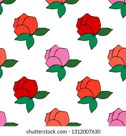 Seamless pattern with pink decorative roses with black stroke on white background. Summer garden. Can be used for wallpaper, textile, invitation card, wrapping, web page background.