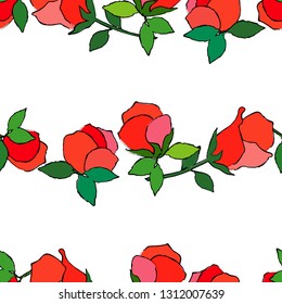Seamless pattern with pink decorative roses with black stroke on white background. Summer garden. Can be used for wallpaper, textile, invitation card, wrapping, web page background.