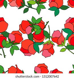 Seamless pattern with pink decorative roses with black stroke on white background. Summer garden. Can be used for wallpaper, textile, invitation card, wrapping, web page background.