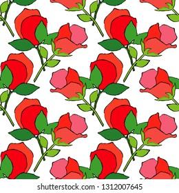 Seamless pattern with pink decorative roses with black stroke on white background. Summer garden. Can be used for wallpaper, textile, invitation card, wrapping, web page background.