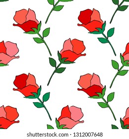 Seamless pattern with pink decorative roses with black stroke on white background. Summer garden. Can be used for wallpaper, textile, invitation card, wrapping, web page background.