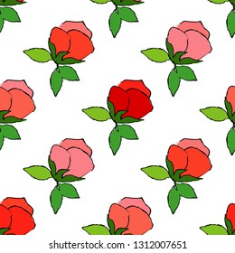 Seamless pattern with pink decorative roses with black stroke on white background. Summer garden. Can be used for wallpaper, textile, invitation card, wrapping, web page background.