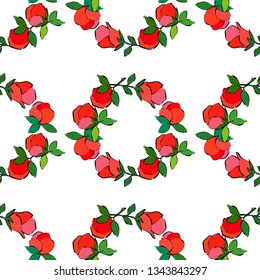 Seamless pattern with pink decorative roses with black stroke on white background. Polka dots. Summer garden. Can be used for wallpaper, textile, invitation card, wrapping, web page background.