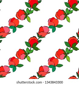 Seamless pattern with pink decorative roses with black stroke on white background. Summer garden. Can be used for wallpaper, textile, invitation card, wrapping, web page background.