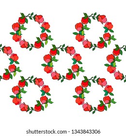 Seamless pattern with pink decorative roses with black stroke on white background. Polka dots. Summer garden. Can be used for wallpaper, textile, invitation card, wrapping, web page background.