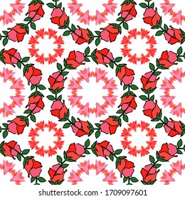 Seamless pattern with pink decorative roses with black stroke on white background. Victorian. Illustration for web design or print.
