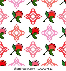 Seamless pattern with pink decorative roses with black stroke on white background. Victorian. Illustration for web design or print.