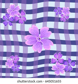 Seamless pattern pink delicate flowers on a background of a cage of modern purple hues