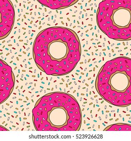 Seamless pattern with pink delicious donuts with icing and sprinkles. Hand drawn colorful repeat pattern. Vector texture for your design (wrapping paper, fabric, wallpaper).