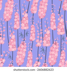Seamless pattern with pink delphinium flowers. Botanical vector flat background. Spring blooming floral illustration