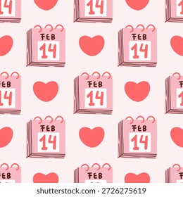 Patrón sin fisuras de calendarios de escritorio rosa con forma de corazón Feb 14 fechas sobre un fondo rosa limpio. Diseño romántico lindo para envolver papel, textiles, papelería, decoración de fiesta y temas de San Valentín
