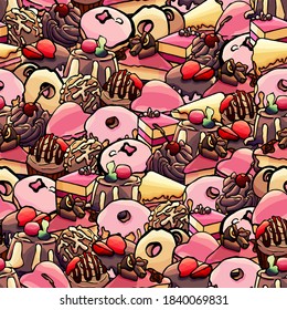 Seamless pattern of pink desserts, cartoon style, decoration, wallpaper, gift paper, fashion, celebration, for clothes, fabric, backdrop, cloth, wrapping, package, baking, pastry shop, berries, sweets