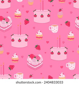 Seamless pattern with pink desserts, mugs and strawberries. Vector graphics.