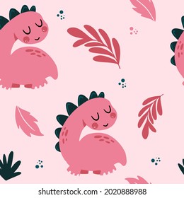 Seamless pattern of Pink Dino. Cartoon dinosaur color hand drawn character. Pink Dino handdrawn clipart.Isolated scandinavian cartoon illustration for kids game, book