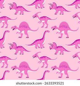 Seamless pattern  of pink  dinosaurs  on light pink background.