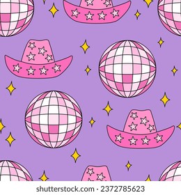 Patrón sin foco con bolas de disco rosadas y sombreros de vaquera. Fondo del contorno del vector en el estilo de los años 60