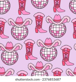 Seamless pattern with pink disco balls, cowboy hat and boots. Vector outline background in cowgirl disco concept