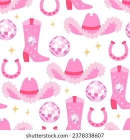 Seamless pattern with pink disco balls and cowgirl boots and hats. Holiday cowgirl disco background