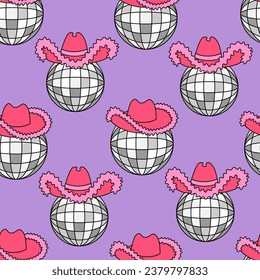 Seamless pattern with pink disco balls and cowboy hats. Vector background. Holiday, celebration concept