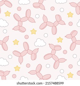 Seamless pattern of pink dog balloons, clouds, stars and dots on a light pink background in kawaii style.
