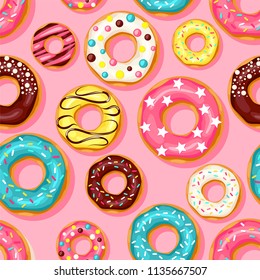 Seamless pattern. Pink donut, chocolate donut, lemon and blue mint donuts with different topping on pink background