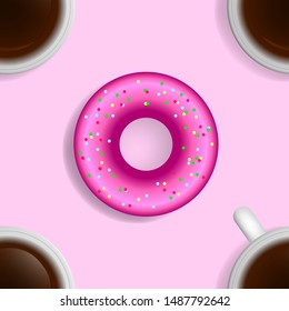 Seamless pattern. Pink donut with cup of coffee background. Vector illustration