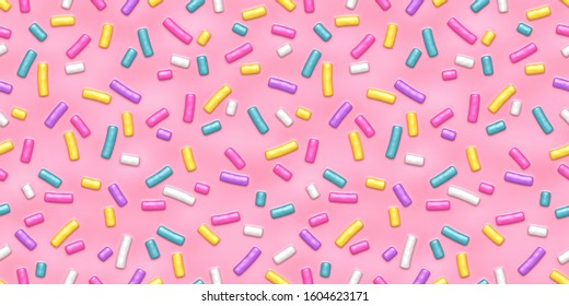 Seamless pattern of pink donut glaze with many decorative colorful sprinkles