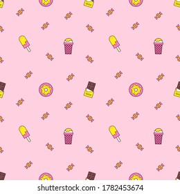 Seamless pattern of pink donut glaze with many decorative sprinkles. Vector background made with gradient meshes. Background design for banner, poster, flyer, card, postcard, cover, brochure.