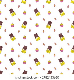 Seamless pattern of pink donut glaze with many decorative sprinkles. Vector background made with gradient meshes. Background design for banner, poster, flyer, card, postcard, cover, brochure.