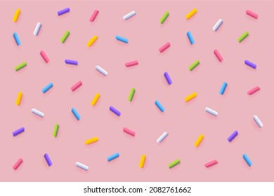 Seamless pattern of pink donut glaze with many decorative sprinkles. Vector background made with gradient meshes. Background design for banner, poster, flyer, card, postcard, cover, brochure.